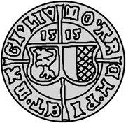 1 Ferding - Wolter von Plettenberg and Jasper Linde Riga; curved shield; child to the right obverse image