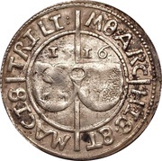 1 Ferding - Wolter von Plettenberg and Jasper Linde Riga; smooth shield; child to the right; right half shaded obverse image