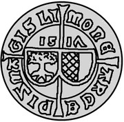 1 Ferding - Wolter von Plettenberg and Jasper Linde Riga; smooth shield; child to the right; left half shaded obverse image
