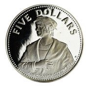 5 Dollars - Christopher Colombus Silver Proof Issue, Bahamas, 1985 reverse image