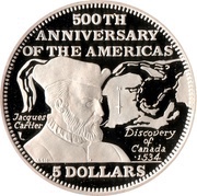 5 Dollars Discovery of Canada, Bahamas, 1991 reverse image