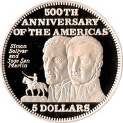 5 Dollars Simón Bolívar and José de San Martín, Bahamas, 1992 reverse image
