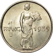 1 Franc - Charlotte, Luxembourg, 1939 reverse image