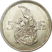 5 Francs - Charlotte Silver, Luxembourg, 1929 reverse image