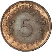 5 Francs - Charlotte Essai, Luxembourg, 1949 reverse image