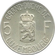 5 Francs - Charlotte Silver, Luxembourg, 1980 reverse image