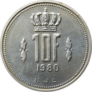 10 Francs - Jean Silver, Luxembourg, 1980 reverse image