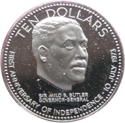 10 Dollars - Elizabeth II Independence; Silver Proof Issue, Bahamas, 1974 reverse image