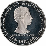 10 Dollars 5th Anniversary of Independence-Prince Charles, Bahamas, 1978 reverse image