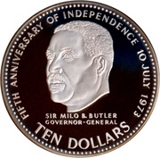 10 Dollars 5th Anniversary of Independence-Sir Milo Butler, Bahamas, 1978 reverse image