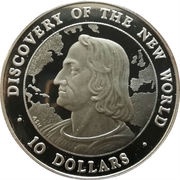 10 Dollars Discovery of the New World - Christopher Columbus, Bahamas, 1990 reverse image