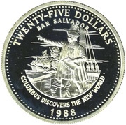 25 Dollars Christopher Columbus discovers the New World, Bahamas, 1988 reverse image