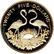 25 Dollars - Elizabeth II Flamingos, Bahamas, 1992 reverse image