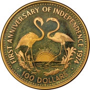 100 Dollars - Elizabeth II 1st Anniversary of Independence, Bahamas, 1974 reverse image