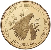 100 Dollars Second anniversary of Independence, Bahamas, 1975 reverse image