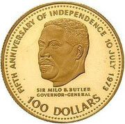 100 Dollars 5th Anniversary of Independence-Sir Milo Butler, Bahamas, 1978 reverse image
