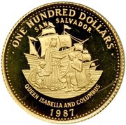 100 Dollars Queen Isabella and Christopher Columbus, Bahamas, 1987 reverse image