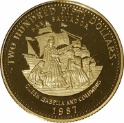 250 Dollars Queen Isabella and Christopher Columbus, Bahamas, 1987 reverse image