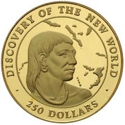 250 Dollars Discovery of the New World - Aborigine, Bahamas, 1990 reverse image