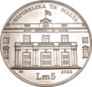 5 Liri Central Bank of Malta, Malta, 1988 reverse image