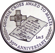 5 Liri George Cross Award, Malta, 1992 reverse image