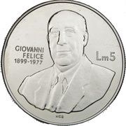 5 Liri 25th Anniversary of Central Bank obverse image