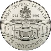 5 Liri 25th Anniversary of Central Bank, Malta, 1993 reverse image