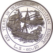 5 Liri / 10 Ecu Defense of Europe, Malta, 1993 reverse image