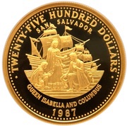 2500 Dollars Queen Isabella and Christopher Columbus, Bahamas, 1987 reverse image