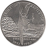 5 Dollars To the Heroes of the Battle of Midway, Marshall Islands, 1992 reverse image