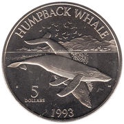 5 Dollars Pacific Whales and Dolphins, Marshall Islands, 1993 reverse image