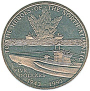 5 Dollars To the Heroes of the North Atlantic, Marshall Islands, 1993 reverse image