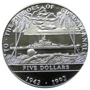5 Dollars To the Heroes of Guadalcanal, Marshall Islands, 1993 reverse image