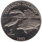5 Dollars Pacific Whales and Dolphins, Marshall Islands, 1993 reverse image
