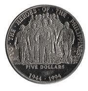 5 Dollars Heros of the Philippines, Marshall Islands, 1994 reverse image