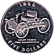 5 Dollars Classic Cars - Ford Quadricycle, Marshall Islands, 1996 reverse image