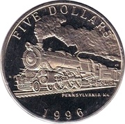 5 Dollars Steam Locomotive - Pennsylvania K4, Marshall Islands, 1996 reverse image