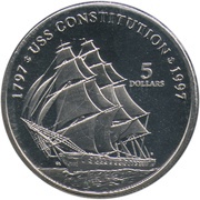 5 Dollars History's Great Fighting Ships - USS Constitution, Marshall Islands, 1997 reverse image