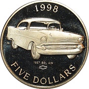 5 Dollars 1957 Chevy Bel Air, Marshall Islands, 1998 reverse image