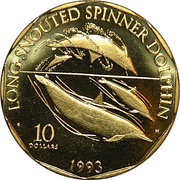 10 Dollars Long-Snouted Spinner Dolphin, Marshall Islands, 1993 reverse image
