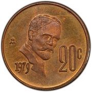 20 Centavos Pattern; Madero, thick eagle; Copper, Mexico, 1979-1981 reverse image