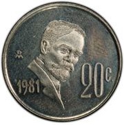 20 Centavos Pattern; Madero, thick eagle, Mexico, 1981 reverse image