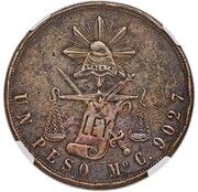 1 Peso Pattern; Copper, Mexico, 1869 reverse image