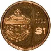 1 Peso Pattern; SUD; Brass, Mexico, 1985 reverse image