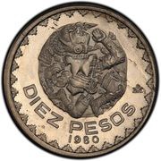 10 Pesos Pattern; Coyolxauhqui; Copper-Nickel, Mexico, 1980 reverse image