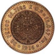 20 Pesos Pattern; Calendario Azteca Oro; copper obverse image