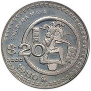 20 Pesos Pattern; Jugador De Pelota, Large Mintmark, Mexico, 1980 reverse image
