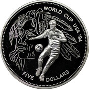 5 Dollars - Elizabeth II World Cup Soccer, Barbados, 1994 reverse image