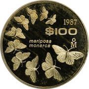 100 Pesos Pattern; Mariposa Monarca; copper-nickel, Mexico, 1987 reverse image