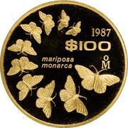 100 Pesos Pattern; Mariposa Monarca; brass reverse image